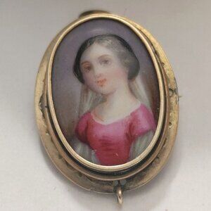 Victorian Antique Brooch Pendant Hand Painted Porcelain Portrait Gold Tone Oval